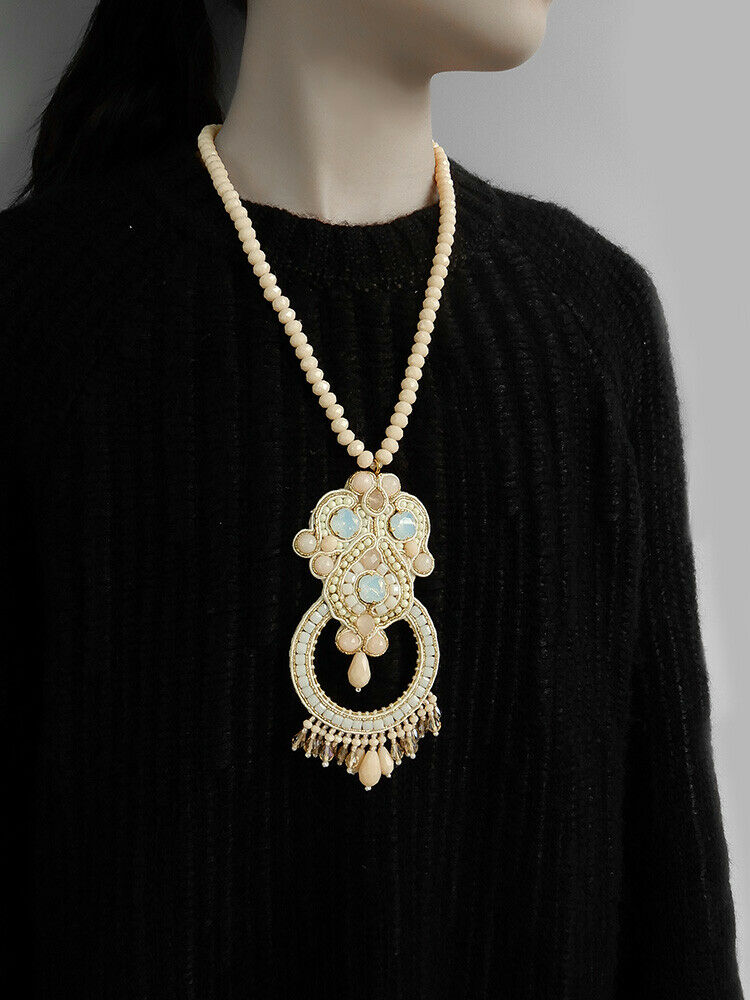 Custom Bead Embroidered Peach Opal Pendant Statement Handmade Necklace