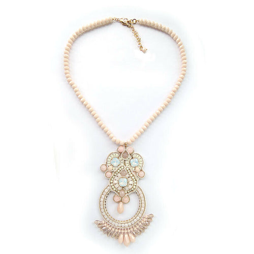 Wholesale Bead Embroidered Peach Opal Pendant Statement Handmade Necklace Custom Bijoux