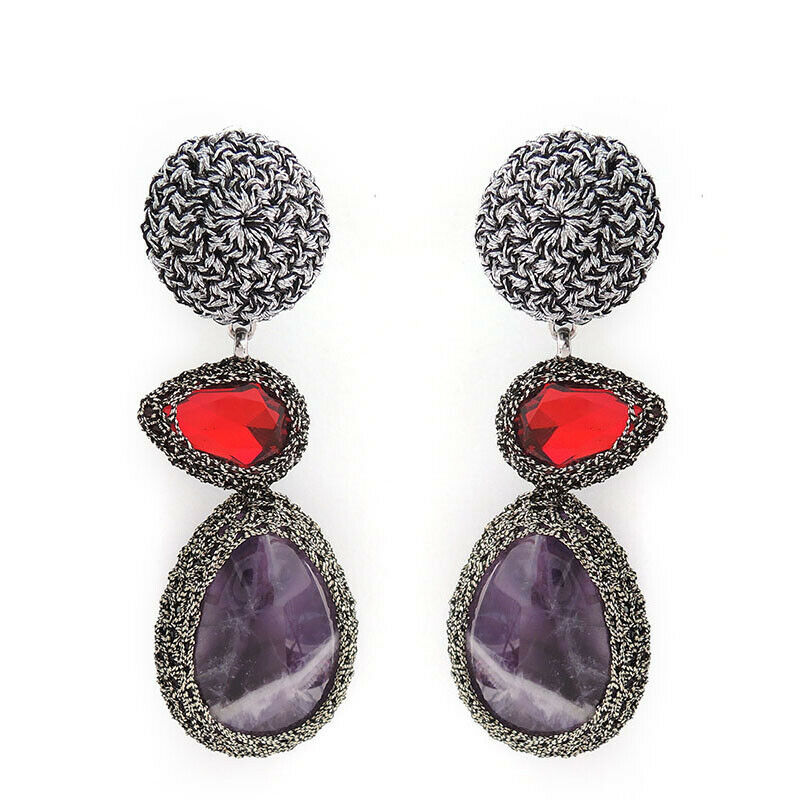 Wholesale Crochet Turquois And Crystal Siam Drop Statement Handmade Earrings Custom Bijoux