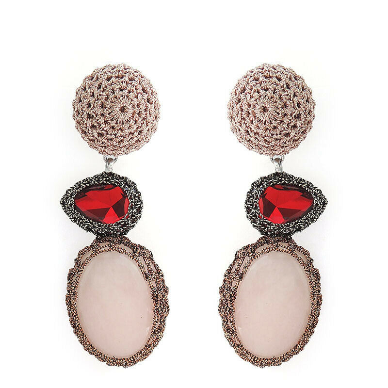 Wholesale Crochet Turquois And Crystal Siam Drop Statement Handmade Earrings Custom Bijoux