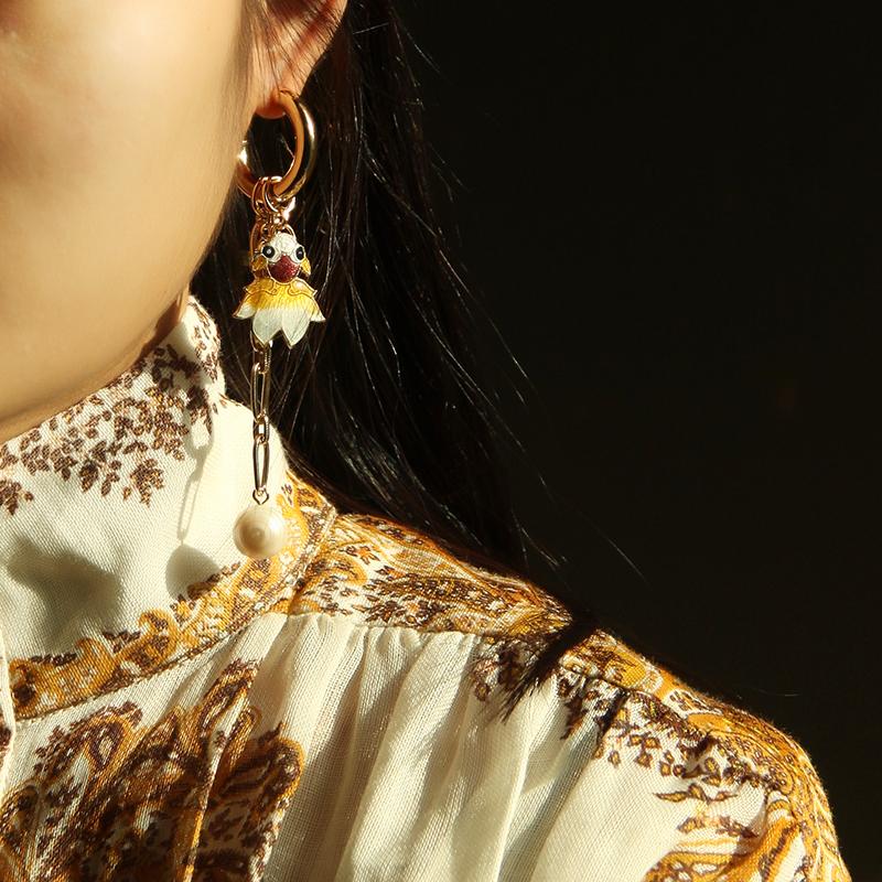 Custom Asymmetrical Cloisonne Fish Handmade Drop Earrings
