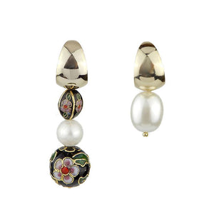 Custom Asymmetrical Cloisonne Pearl Handmade Drop Earrings