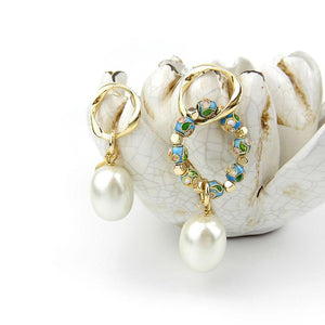 Asymmetrical Pearl Cloisonne Earrings