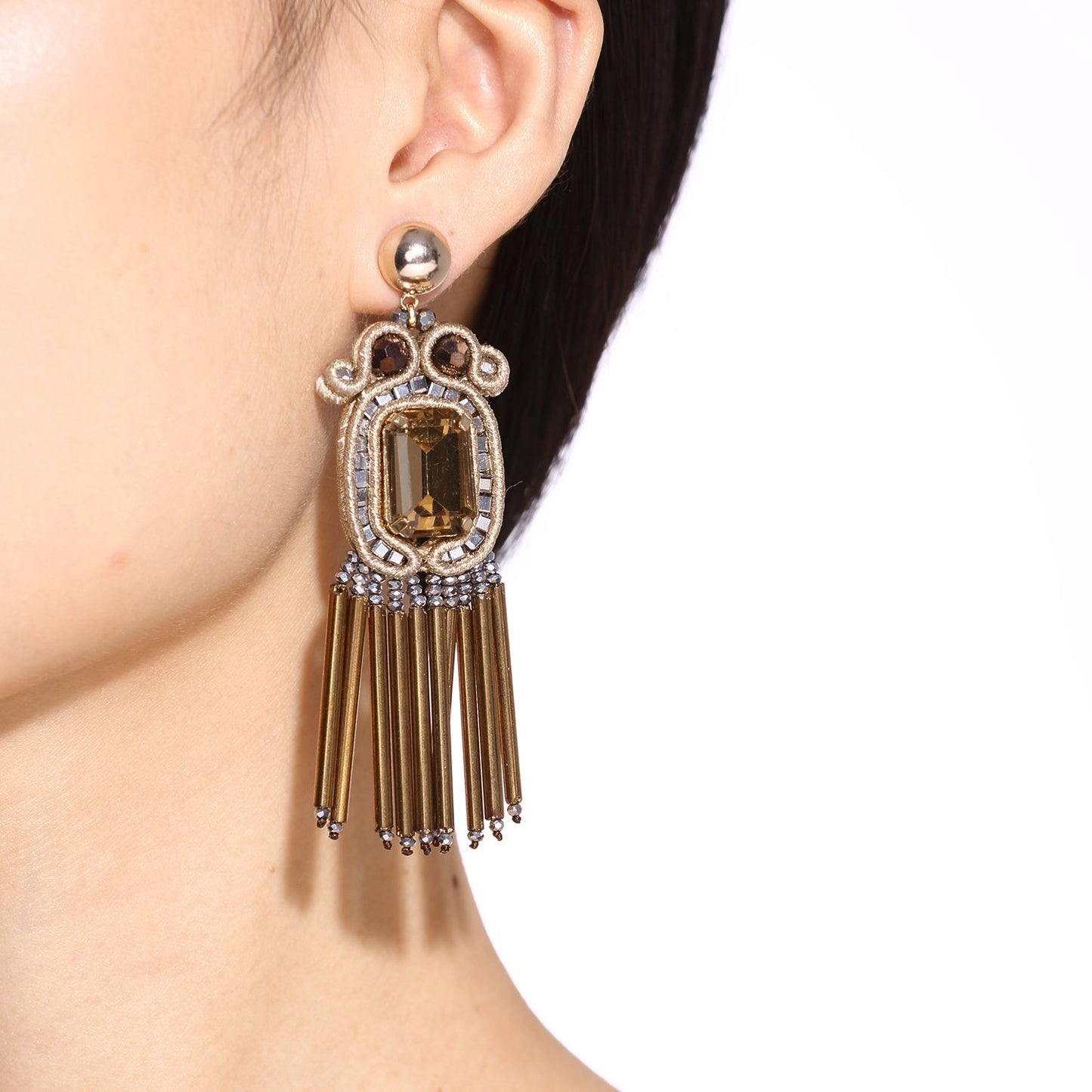Custom Soutache Handmade Drop Earrings With Glass Tube Fringe