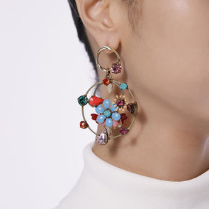 Custom Triple Hoops Enamel Flower Statement Handmade Earrings