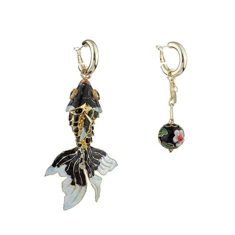Wholesale Vintage Cloisonne Articulated Asymmetrical Fish Handmade Drop Earrings Custom Bijoux