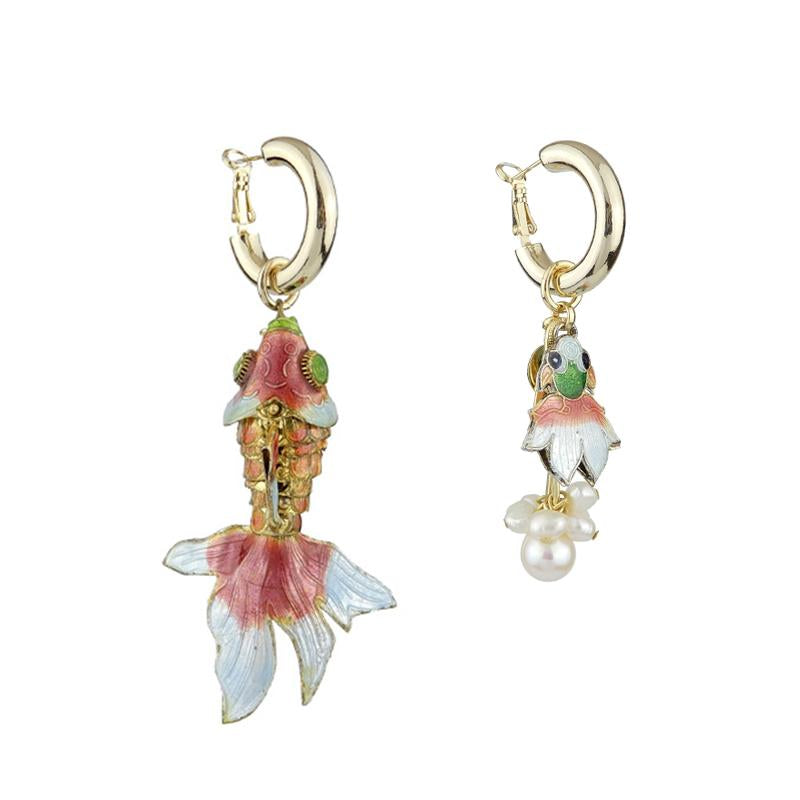 Custom Vintage Cloisonne Articulated Asymmetrical Fish Handmade Drop Earrings
