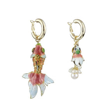 Load image into Gallery viewer, Custom Vintage Cloisonne Articulated Asymmetrical Fish Handmade Drop Earrings